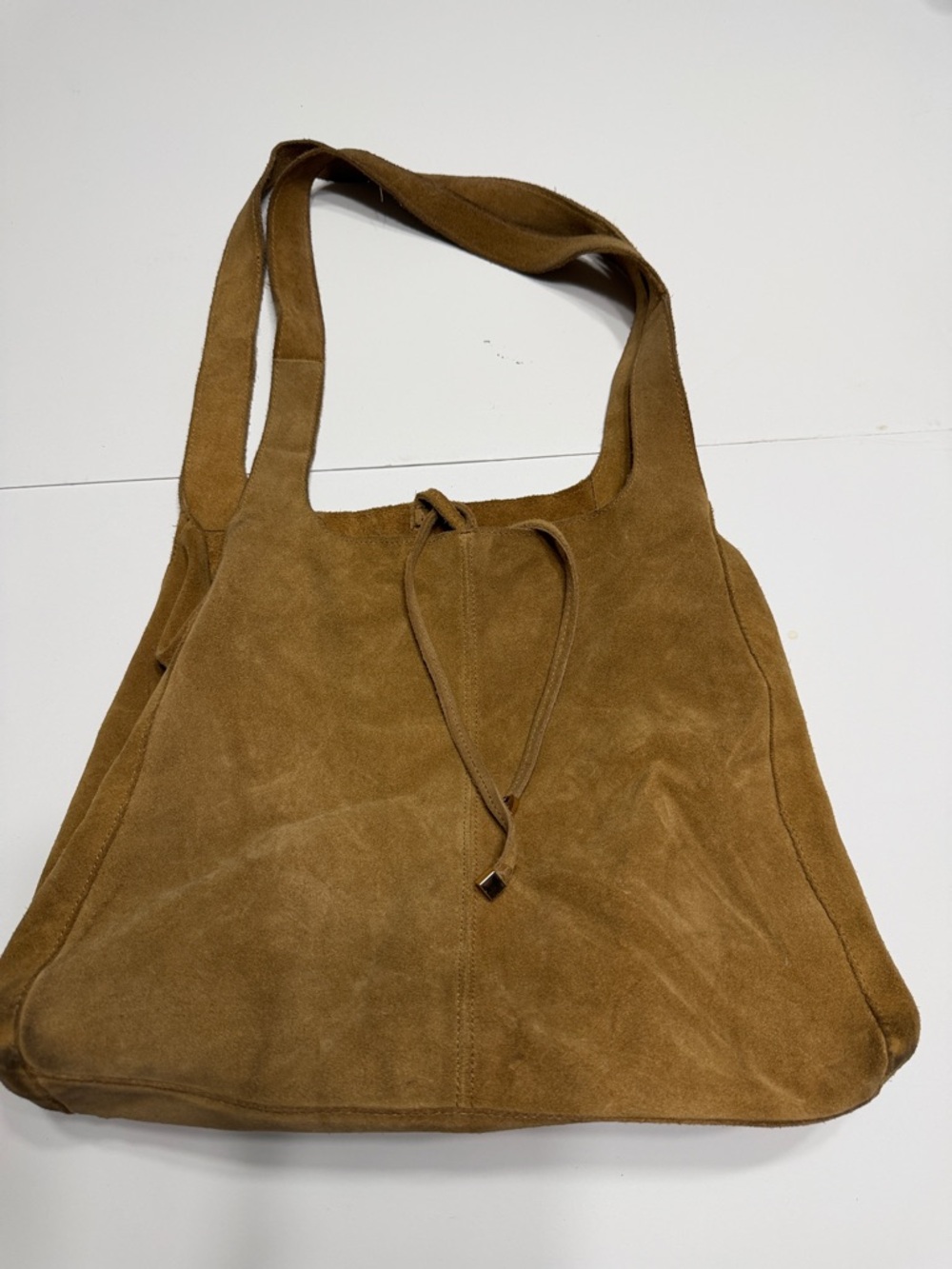 Mango Suede Leather Drawstring Shoulder Bag in Tan